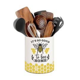 BOXJINCO Bee Kitchen Decor, 6.5inch Ceramic Utensil Holder with Bee Design, Rustic-Style Indoor Kitchen Utensil Storage Rack, Ideal for Spoon Storage and Cooking Tools, Gift for Kitchen Organizers