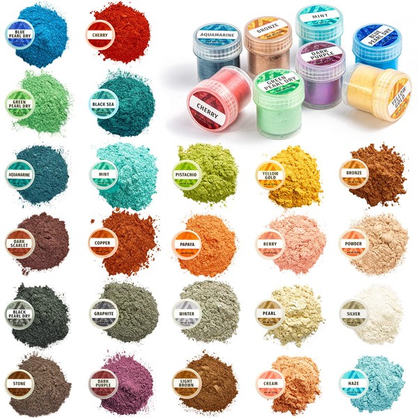 Mica Powder for Epoxy Resin - Epoxy Pigment Powder 24 Color Pack - Pearlescent Mica Powder for Resin - Soap Colorant Dye - Resin Pigment Powder 24 Jars Set