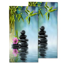 CXULIN Zen Spa Hand Towels Set of 2,Green Bamboo Flower Soft Fingertip Bath Towel Small Face Washcloths Decor Kitchen Towel for Hotel Spa Gym Sport 28x14in