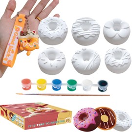 XINJIDUO DIY Donut Gypsum Painting Kit -6 Non-Toxic Craft Donuts, 3D Relief Art for Children Aged 5-12, Creative Gifts for Girls and Boys+Anime Donut Keychains