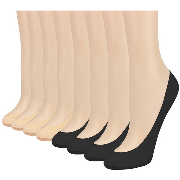 Double Couple 8 Pairs No Show Socks Women Low Cut Socks for Flats Non Slip Thin Liner Socks (4 Black & 4 Nude)