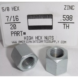 AMERICANINTEGRATEDSUPPLY.COM 7/16-20 HIGH HEX NUTS STEEL ZINC PLATED 5/8 HEX x .598 THICK +/- (10)