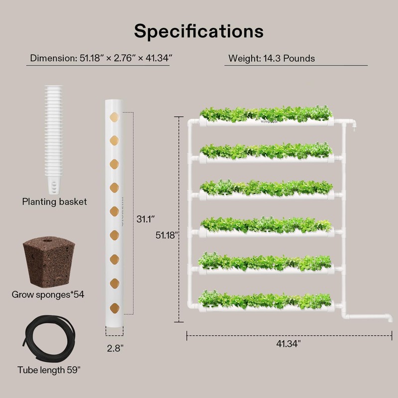 VIVOSUN Hydroponic Grow Kit, 54 Plant Sites 6 Food-Grade PVC-U