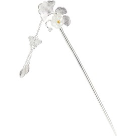 Ginkgo Leaf Flower Hair Pins Chinese Chopstick Hair Accessories for Women Long Hair Simple Hairpin (Silvery, One Size)