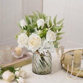 MEGLORYA Fake Flowers Artificial Flowers Silk Roses with Vase, Faux Flowers Plants Decor Suitable for Home Office Table Decorations, Dining Table Bathroom Kitchen Decor