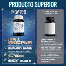 Oby Magnesio Complex | 5 MAGNESIOS: Citrato, BisGlicinato, Treonato, Gluconato y Taurato | Sin Oxido | Alta Absorción y Biodisponibilidad | Con Minera