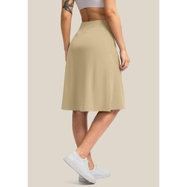Viodia 25" Knee Length Skorts Skirts for Women with Zipper Pockets Stretchy Modest Aline Midi Skort for Casual Summer Travel Light Khaki