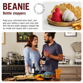 Beanie Cap Decorative Silicone Bottle Stopper in a Gift Box, Set of Two, Novelty Cork, Beverage and Wine Keeper, Champagne Bottle stoppers (Red & Grey)
