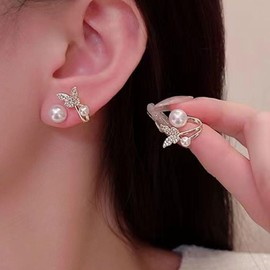 Wendalern Black Flower Front Back Earrings Tulip Flower Ear Jacket Earrings Acrylic Round Ball Stud Earrings Vintage Floral Rhinestone Wrap Cuff Earrings Jewellery for Women and Girls, Zinc, No