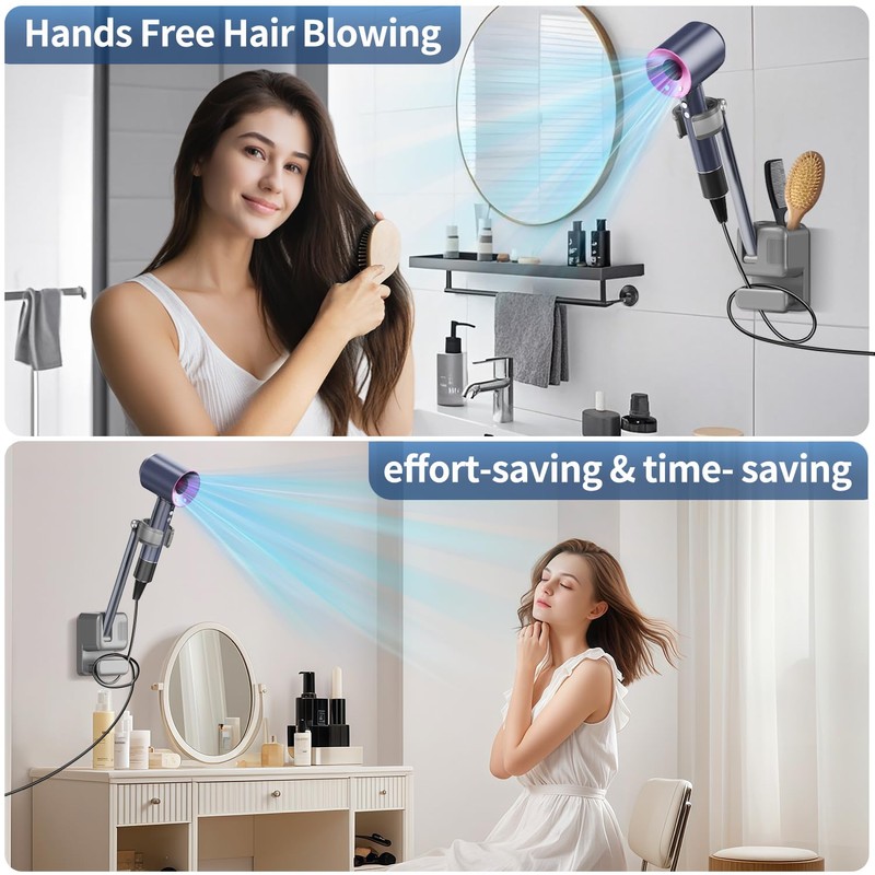 Hands Free Hair Dryer Holder Wall Mount, Adjustable Bathroom Blower
