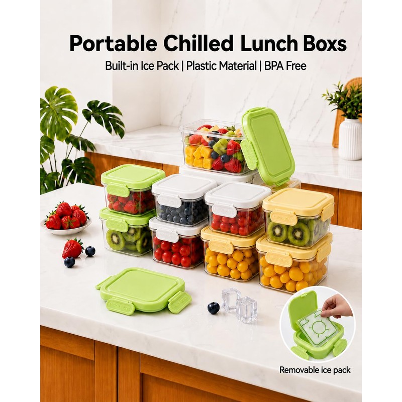 Snackle Box Container with Reusable Ice Pack, 27.1oz Grey+Yellow+Green