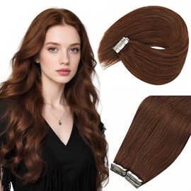 Ve Sunny Tape in Hair Extensions Real Human Hair Invisible Remy Human Hair Straight Tape Ins Double Sided Auburn Brown 18 inch 20Pcs 50G