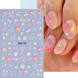Summer Nail Stickers 5D Cherry Strawberry Nail Decals Colorful Floral Star Bow Butterfly Heart Flower Design Cute Nail Adhesive Stickers Slider Manicure Accessories Summer Nails Charms for Kids 3PCS