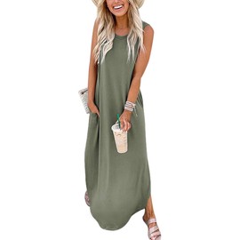 ANRABESS ANRABESS Women Casual Loose Sundress Sleeveless Split Maxi Long Beach Shirt Dress Travel Vacation 2025 Summer Outfits Olive Small