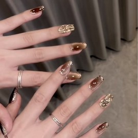 [Overseas] Luxury nail stickers, new fall and winter products, Maillard Brown, Starry Cat's Eye, Champagne, Diamond S/Short T 4ea