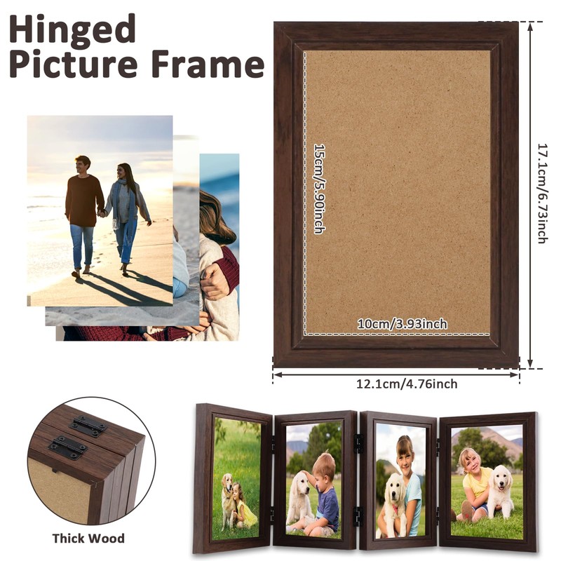 Photo Frame Hold 4 Photos, 4x6 Hinged Folding Wood Picture