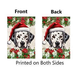 Christmas Dalmatian Dog Garden Flag for Outside 12x18 Inch Double Sided Poinsettia Santa Hat Dog Small Burlap Yard Flags Outdoor Home Farmhouse Front Porch Decor Seasonal Holiday Yard Sign
