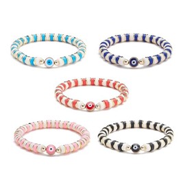 Hemasa Polymer Clay Heishi Beads with Synthetic Hematite evil eye Beads Stretchable Bracelet For Girls/Women (Pink)