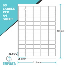Triplast 20 x Multipurpose A4 Label Sheets - 65 Labels Per Sheet (38 x 21mm Each) - Easy Peel White Labels for Inkjet & Laser Printer - Address Labels, Shipping Labels, File Labels, DIY Stickers