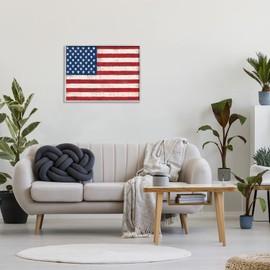 Stupell Industries Rustic American Flag Red White Blue Distressed Pattern, Design by Ruane Manning Gray Framed Wall Art, 30 x 24, Beige