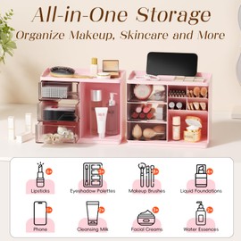 Small Makeup Organizer with Drawers, Stackable Bathroom Couneter Organizer with Phone Holder, Versatile Vanity Organizer Countertop, Cosmetic Organizer for Makeup Brush, Skin Care, Lotion -Pink,2Pack