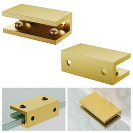 Ranbo 2 Pcs Solid Brass Glass Shelf Brackets, Heavy Duty 4mm Thick Design，for 1/4" to 1/2" Frameless Glass Panels, Wall Mount Support Clips for Shower and Shelves, Brushed Gold