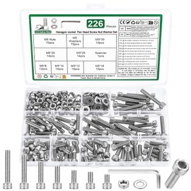 226 Pcs M5 Nuts and Bolts Set, Hex Socket Head Cap Screws Bolts and Nuts Set, Assorted Bolt and Nut and Washers Assortment, DIN912 Machine screws set, Hex Socket Cap Head screws bolts set