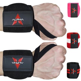 AlphaSports Wrist Wraps for Weightlifting Provide Strong Wrist Support, 18” Premium Quality Wrist Wraps for Gym Exercise, Adjustable, and Perfect for Powerlifting, Bodybuilding, and Crossfit (Black)