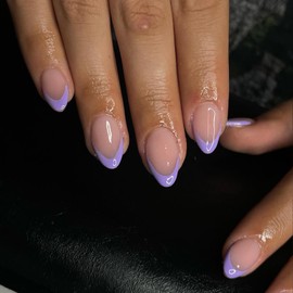 30Pcs Purple French Tip Press on Nails Short Almond Nails Press ons, Short Fake Nails Almond Shaped Acrylic French Glue on Nails False Nail for Women, Natural Stiletto Nail 15 Sizes