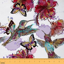 Hummingbird Fabric by The Yard, Boho Flower Upholstery Fabric, Butterfly Tie Dye Decorative Fabric, Wildlife Plants Indoor Outdoor Fabric, Flower DIY Art Waterproof Fabric, Red Purple, 2 Yards