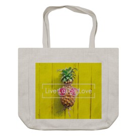 Ambesonne Live Laugh Love Shopping Bag, Tropical Pineapple Fruit with Sunglasses on Yellow Wood Board Joyful Print, Eco-Friendly Reusable Bag for Groceries Beach and More, 15.5" X 14.5", Cream