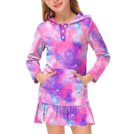 BesserBay Girls Summer Button Down Terry Towel Dress Ruffle Trim Soft Loose Fit Tie Dye Purple Beach Coverups 13-14 Years with Pockets