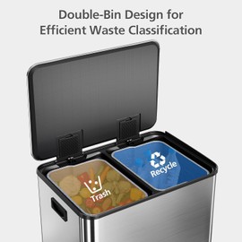 ExploreHorizon 2 x 8 Gal (2 x 30L) Trash Can, Stainless Steel Double Trash Can with Recycling Bin, Soft-Close Lid, Step-on Garbage Bin, with Removable Plastic Inner Buckets - Silver