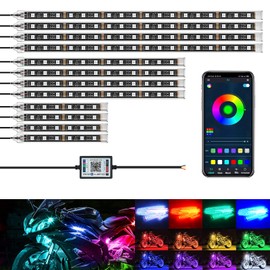 YEORO 12pcs Motorcycle LED Underglow Kit with Brake Light,144 SMD RGB 5050 Chip Brake LED Light Strip with App Controller Sync to Music Waterproof for Motorcycles Carts ATVs UTVs.