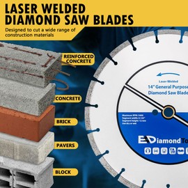 14" Laser Welded Diamond Saw Blade for Concrete, Brick, Block and Masonry, Heat Treated Blade Core, Dry or Wet, 1" Arbor