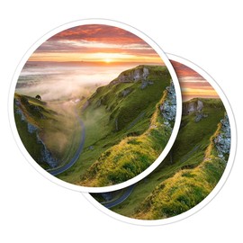 Vinyl Round Stickers (Set of 2) 10cm - English Peak District Winding Misty Road for Laptops, Tablets, Luggage, Scrap Booking, Fridges #50826
