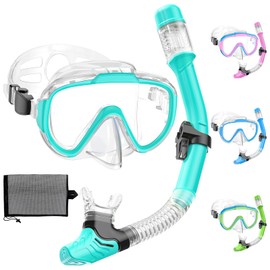 Lealinga Children's Snorkel Set with 180° Anti-Fog Panoramic Wide View Diving Mask and Dry Snorkel Snorkelling Set, Anti-Leak Snorkel Mask with Nose Protection for Boys and Girls