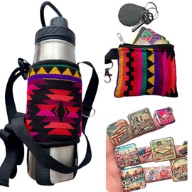 Ojitos Adhesivos 3D Fabric Water Bottle Carrier with Strap – Adjustable Bottle Holder Bag with Coin Pouch & Waterproof Sticker Pack – for Travel, Gym, Hiking & Daily Use (Rainbow)