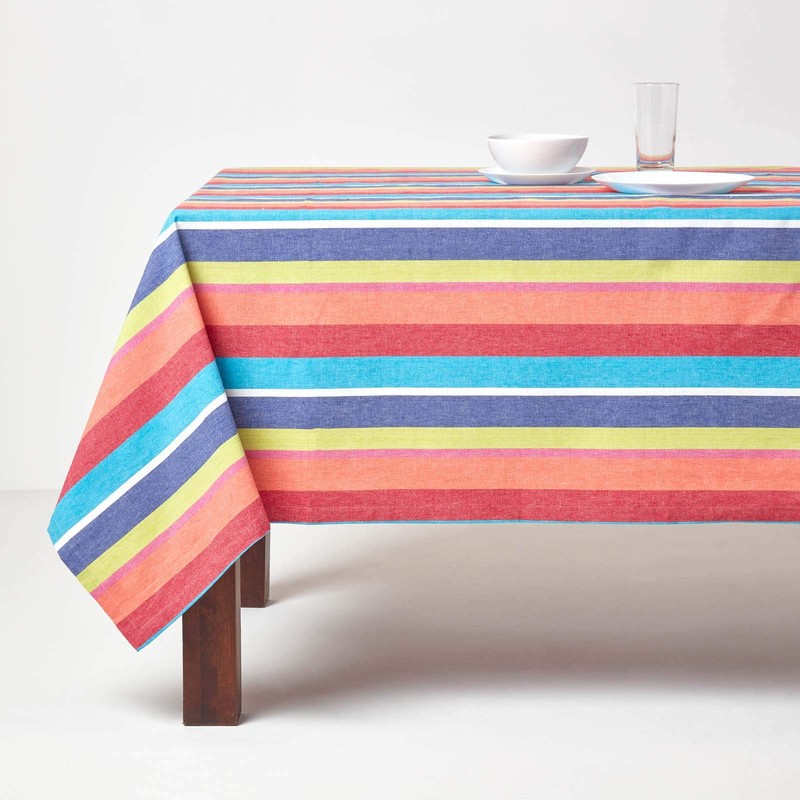 HOMESCAPES Multi Stripe Cotton Tablecloth 4 to 6 Seater Rectangular