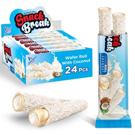 Snack Break Coconut Wafer Rolls, Rolled Wafer Cookies, Coconut Coated Delicious Snack, Individually Wrapped, Crunchy Sticks for On-the-Go, Coffee, Tea, Pack of 24