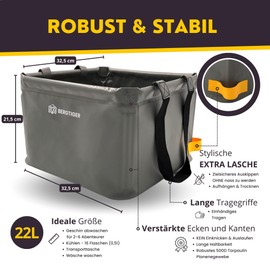 BERGTIGER Folding Bowl Camping 18L/22/26L with Extra Handle I Foldable Outdoor Washing Bowl & Sink I Washing Bowl Foldable for Washing I Robust Camping Accessories (Black/Dark Grey - 18 Litres)
