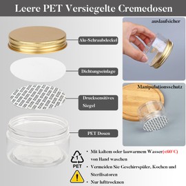 PQPAUTY Pack of 12 Small 100 ml Transparent Plastic Empty Cream Jar with Gold Lid 100 g Empty Tin Screw Box Cosmetic Container Jar