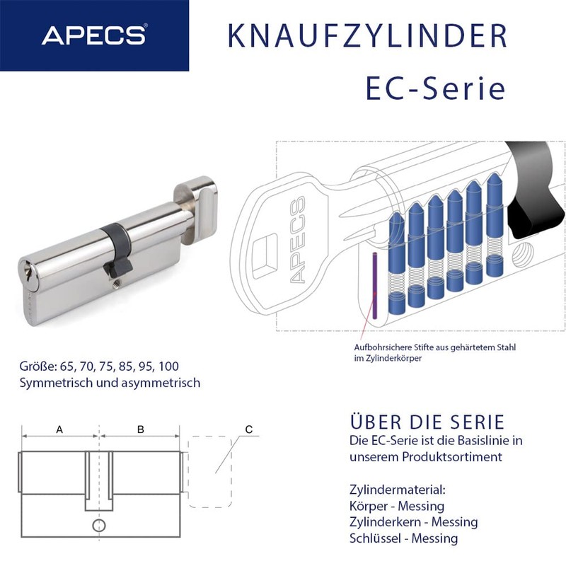 APECS Knob Cylinder Lock with Knob Cylinder Lock 40/40 mm