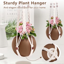 Necamocu Macrame Plant Hanger with Colored Wood Beads and 2PCS Hooks, Elegant Hanging Plant Holder for Indoor Outdoor Plants, Sturdy Hanging Planters with No Tassel, 33 Inch, Ivory