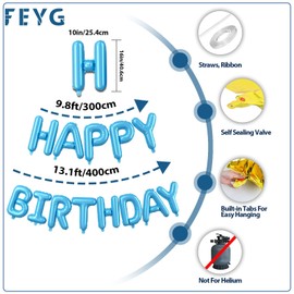 Light Blue Happy Birthday Balloons Banner,16 Inch Mylar Foil Letters,Inflatable Reusable Party Decor and Birthday Decorations,for Women,Men,Kids Boys & Girls Birthday Decorations Party Supplies