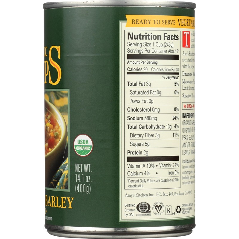 Amy's Organic Soups, Low Fat Vegetable Barley, 14.1 Ounce