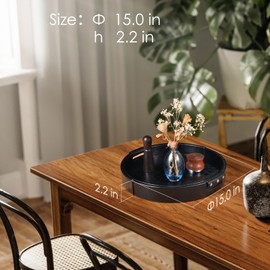Round Serving Tray with Handles, Decorative Tray Coffee Table Tray Vegan Leather Large Serving Ottoman Trays for Living Room,Bedroom,Centerpiece Table Decorations 15 Inch (Black)