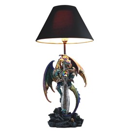 ICE ARMOR 24.5" Fantasy Collectible Dragon Statue Table Lamp Wrap Around Cross with Fabric Light Shade for Gothic and Medieval Décor (71792Purple/Green)