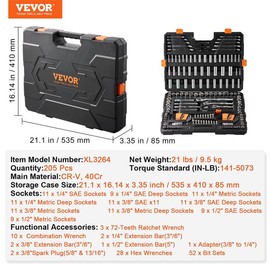 VEVOR Mechanics Tool Set and Socket Set with 1/4" 3/8" 1/2" Drive Deep and Standard Sockets, Max 450 Pcs SAE and Metric Tools, Portable Mechanics Kit Wrench Hardware:_1/4"、3/8"、1/2" - 205 Pcs