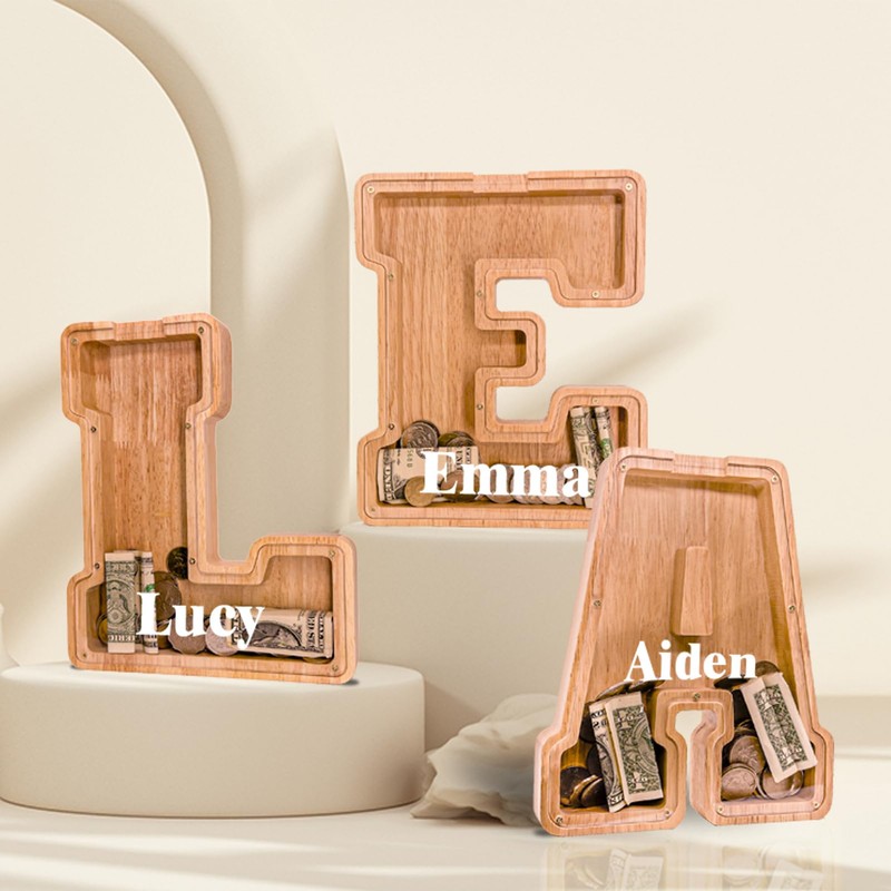 JOOMLAFLY Wooden Letter Piggy Bank for Kids 9"Clear Coin Bank